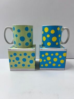 Lot of 2 NIB burton + Burton Blue Green Yellow Polka Dot Ceramic Coffee Cup Mug